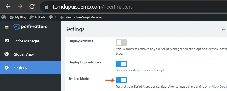 Perfmatters-Test-Mode-افزایش سرعت سایت المنتوری(24 راهکار)