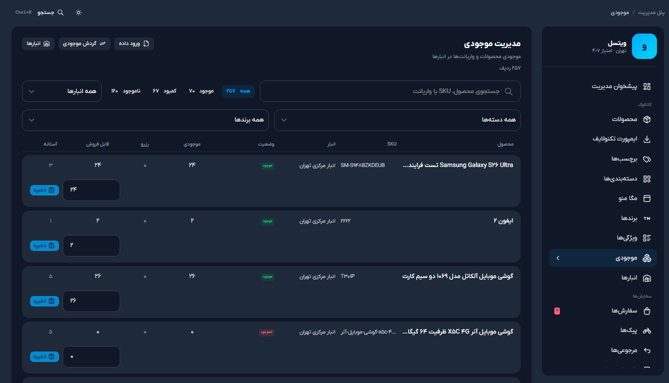 نمای پنل مدیریت موجودی و انبارهای ویتسل